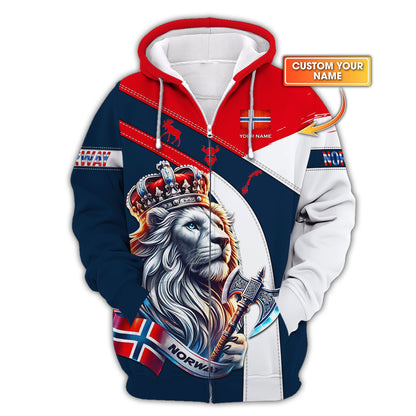 Sudadera con capucha y cremallera con hacha del Rey León de Noruega con impresión 3D completa, regalo con nombre personalizado para amantes noruegos