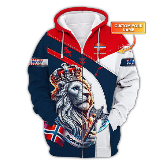 3D Full Print Norway Lion King With Axe Zipper Hoodie Personalized Name Gift For Norwegian Lovers