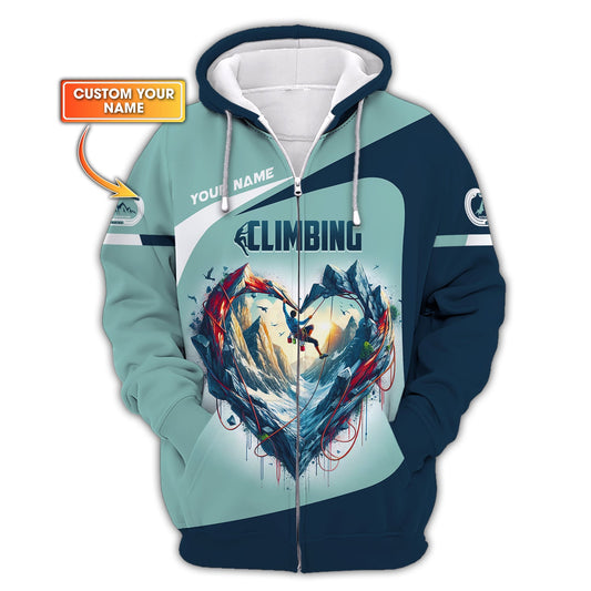 Sudadera con capucha y cremallera 3D con nombre personalizado y corazón de escalada, regalo personalizado para amantes de la escalada