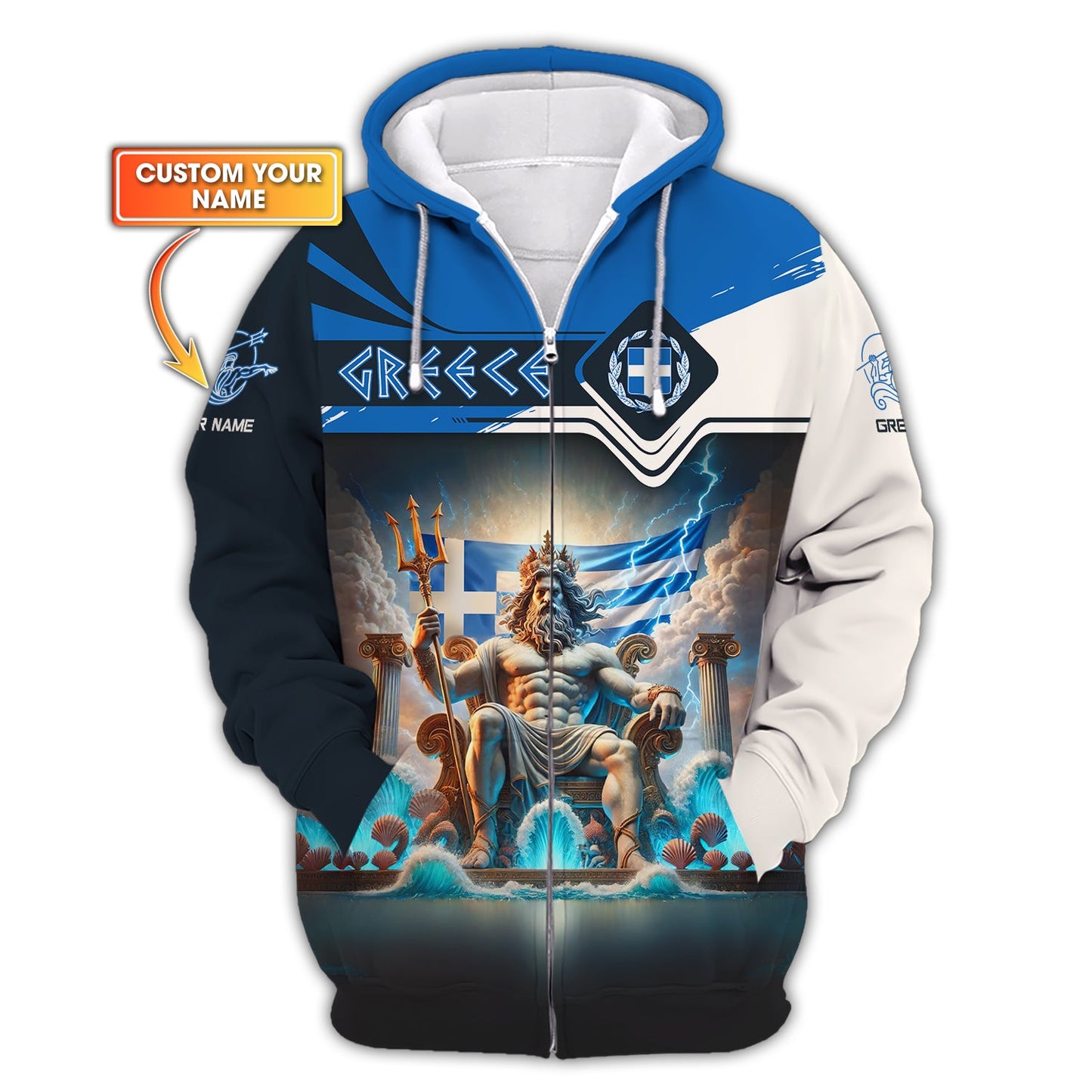 Sudadera con capucha y cremallera griega con estampado completo en 3D, regalo con nombre personalizado para amantes de Grecia