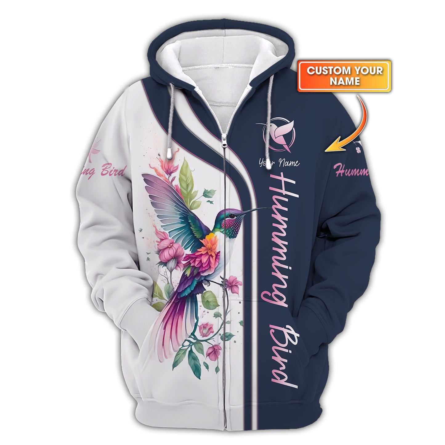 Sudadera con capucha y cremallera con estampado 3D completo de colibrí y flores, regalo personalizado con nombre para amantes de los colibríes