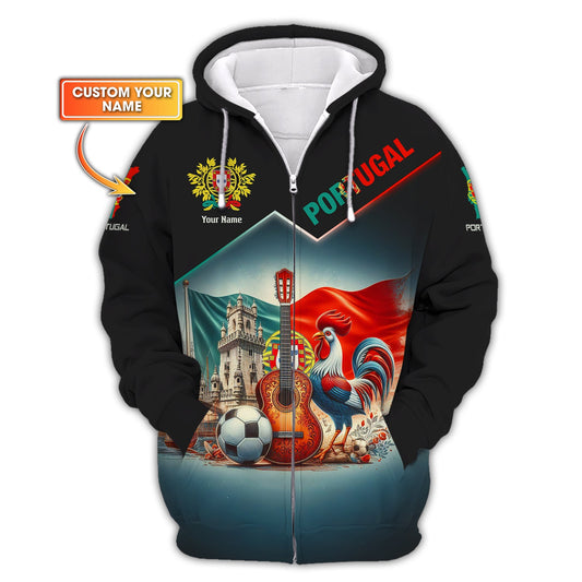 Sweat à capuche unisexe avec fermeture éclair Portugal, impression 3D complète, chemise Portugal, cadeau personnalisé pour les amoureux du Portugal