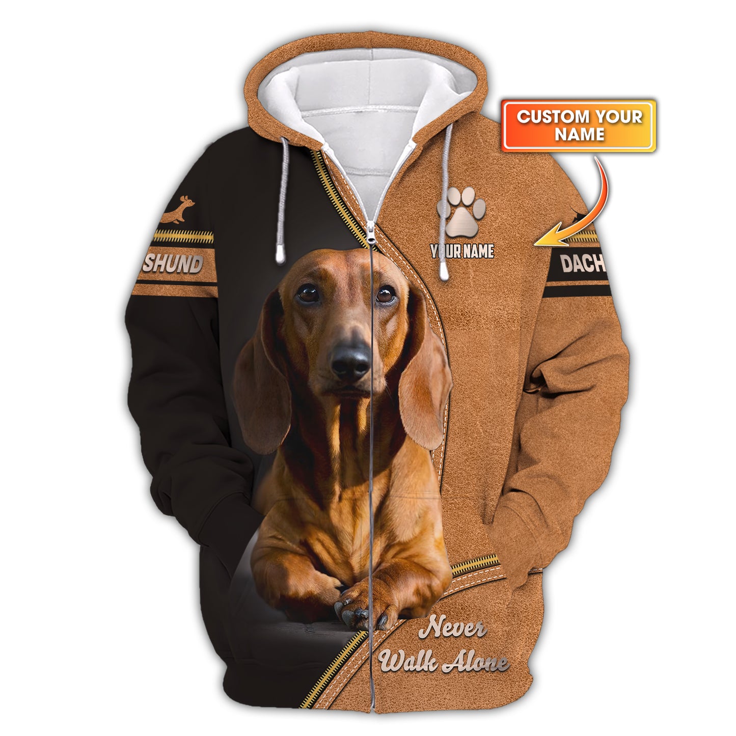 Dachshund Custom Name 3D Zipper Hoodie Never Walk Alone Shirts Gift For Dog Lovers