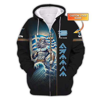 Poseidon Greece Personalized Name 3D Zipper Hoodie Custom Gift For Greece Lovers