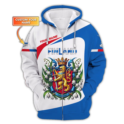 Sudadera con capucha y cremallera personalizada con el escudo de armas de Finlandia para amantes de Finlandia