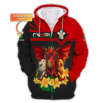 Sweat à capuche personnalisé avec fermeture éclair Dragon et Lions du Pays de Galles, impression 3D complète, cadeau pour les amoureux du Pays de Galles