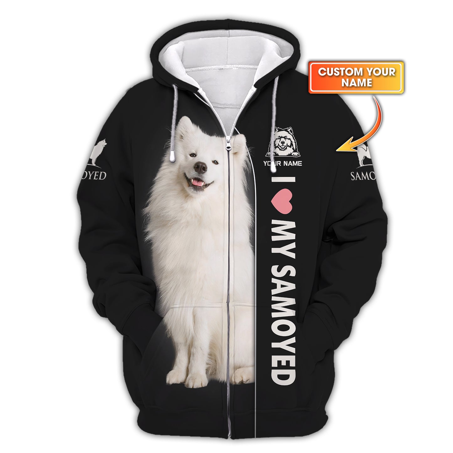 Sudadera con capucha y cremallera con nombre personalizado "Amo a mi samoyedo", regalo para amantes de los perros, camisetas 3D