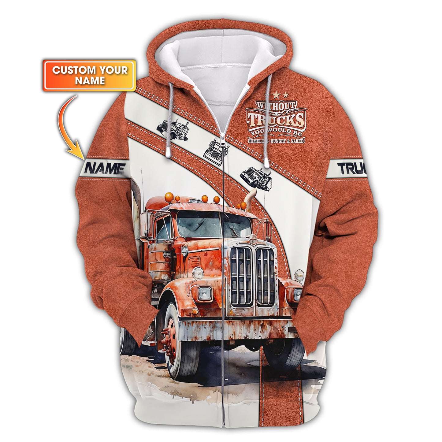 White & Red Truck Car Personalized Name 3D Zipper Hoodie Custom Gift For Trucker Lovers