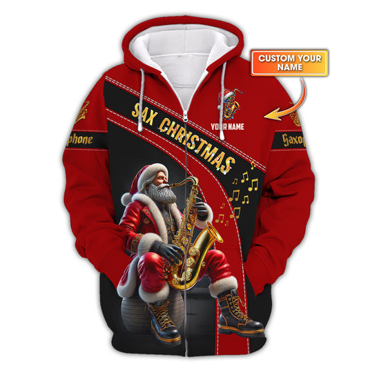 3D Full Print Christmas Saxophone Zipper Hoodie Personalized Name Gift For Saxophone Lovers