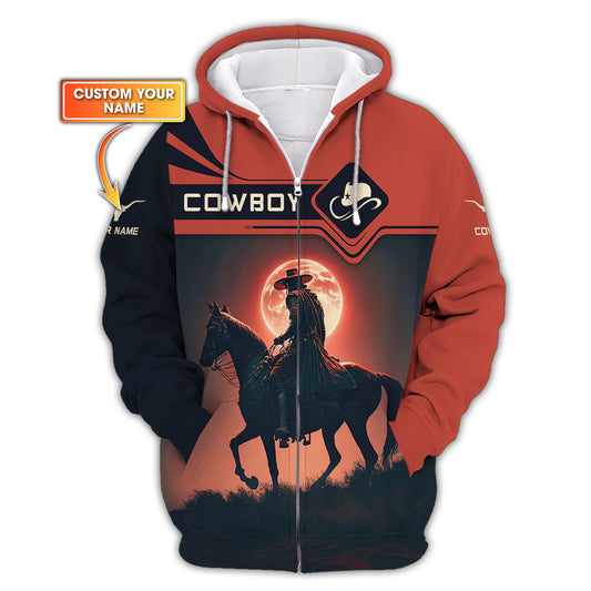 Sweat à capuche zippé 3D imprimé cow-boy avec lune rouge, cadeau personnalisé avec nom pour les amateurs de cow-boy