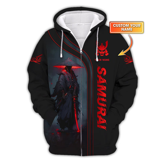 Sudadera con capucha y cremallera 3D con nombre personalizado de samurái en negro y rojo claro, regalo personalizado para amantes de los samuráis