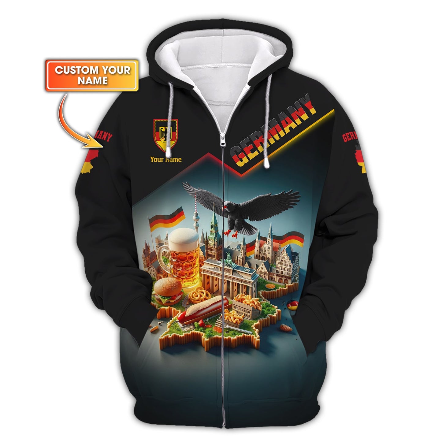 Sudadera con capucha y cremallera con nombre personalizado y estampado 3D completo de Alemania, regalo para amantes de Alemania