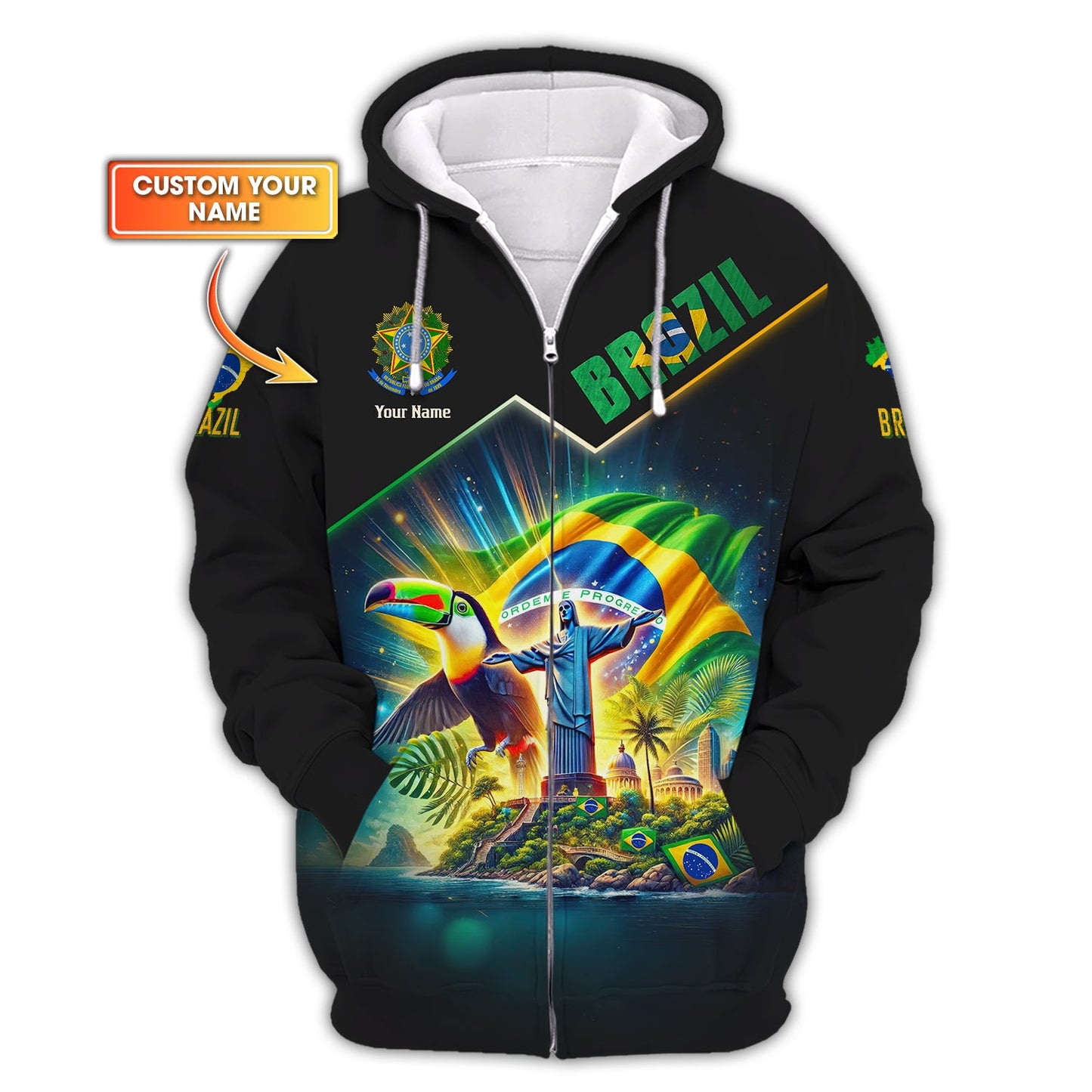 Sweat à capuche zippé Brazil Life avec nom personnalisé, impression 3D complète, cadeau pour les amoureux du Brésil