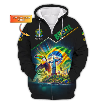 Sudadera con capucha y cremallera Brazil Life con nombre personalizado y estampado completo en 3D, regalo para amantes de Brasil