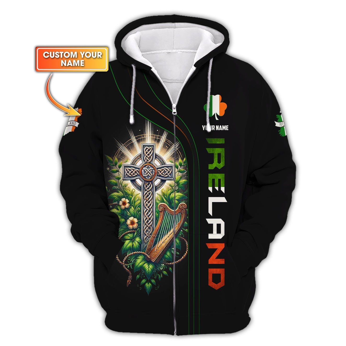 Camisetas personalizadas con cruz celta, sudadera con cremallera 3D de Irlanda, regalo para amantes irlandeses