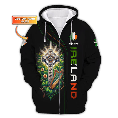 T-shirts personnalisés avec croix celtique Irlande Sweat à capuche zippé 3D Cadeau pour amoureux irlandais