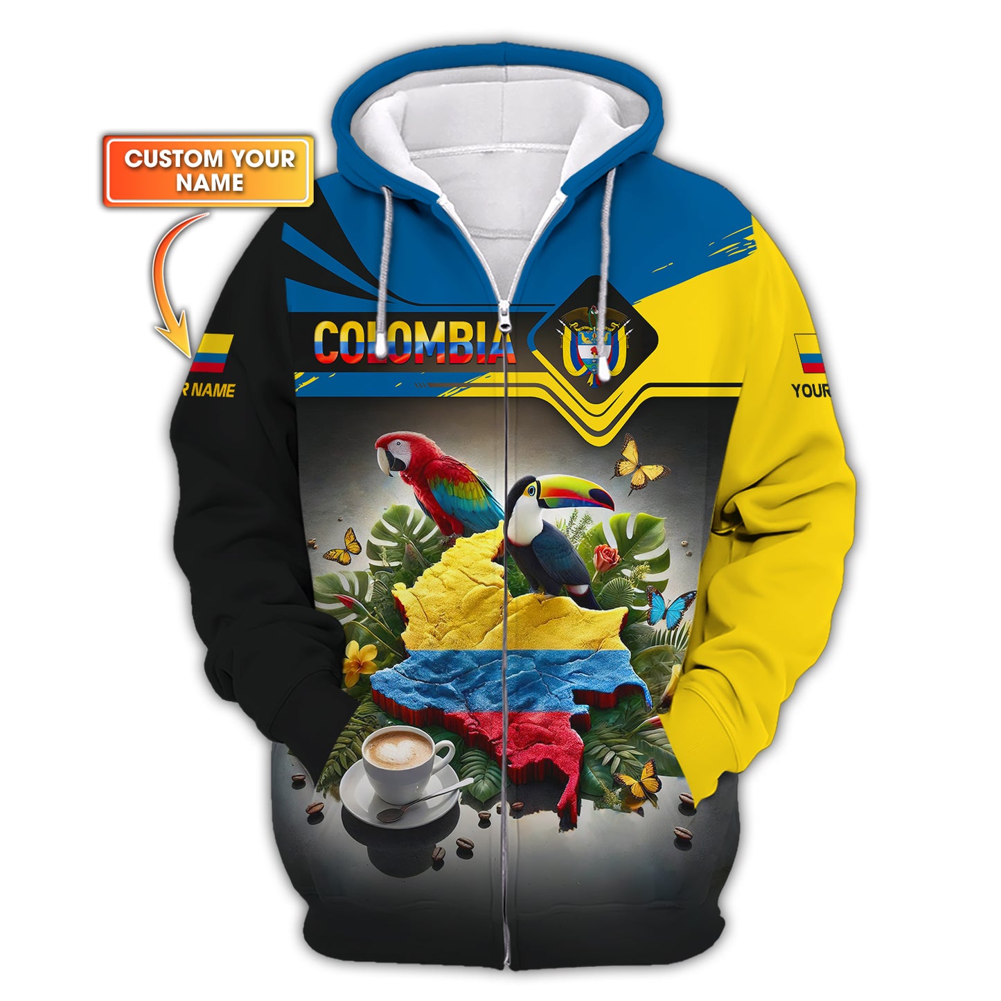 Colombia Map Personalized Name 3D Zipper Hoodie Gift For Colombian Lovers