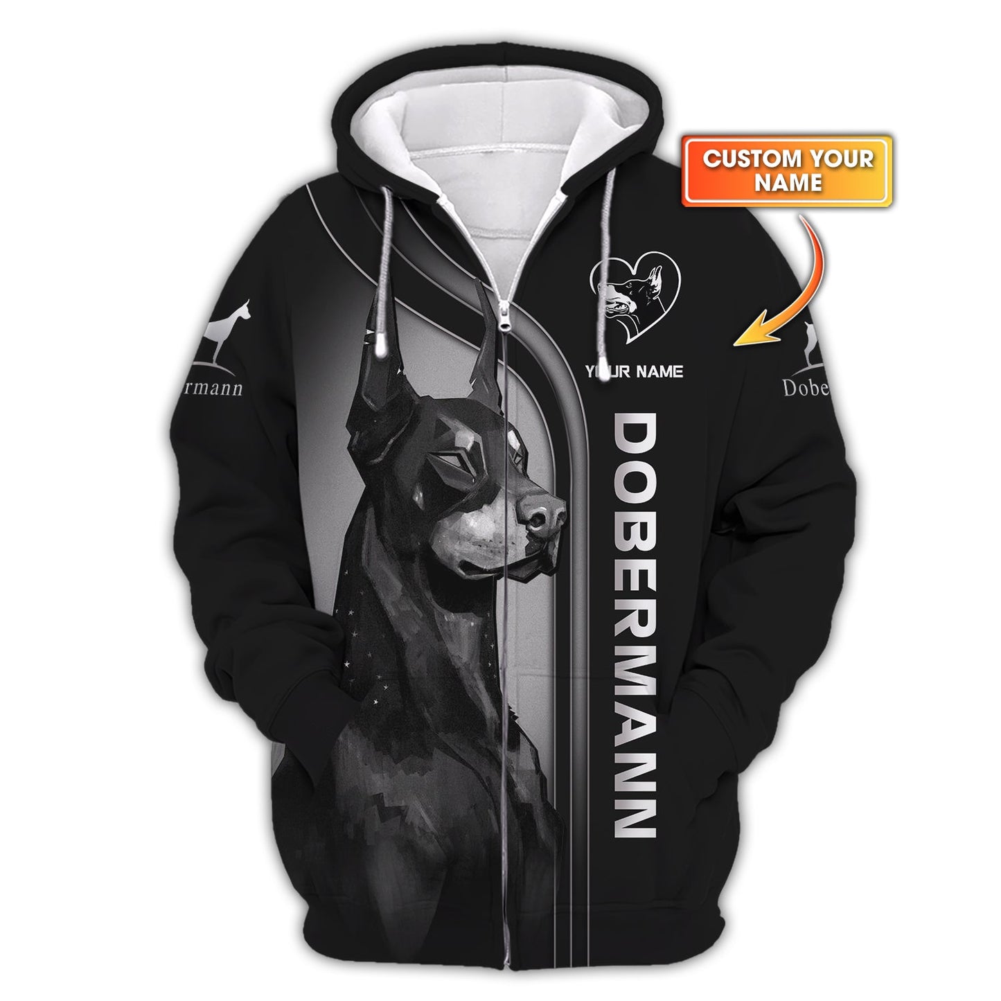 Sudadera con capucha y cremallera 3D con nombre personalizado de Dobermann, regalo para amantes de los Dobermann