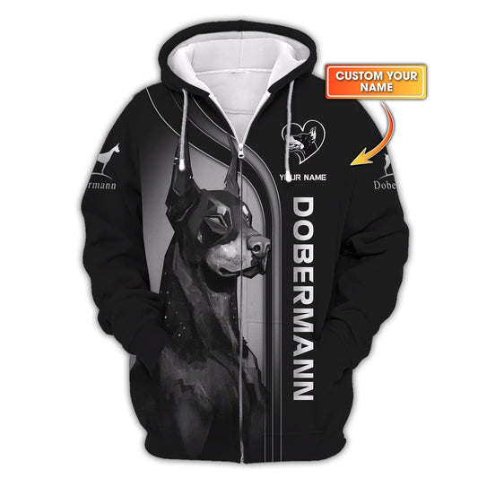 Sweat à capuche zippé 3D avec nom personnalisé Dobermann, cadeau pour les amoureux de Dobermann