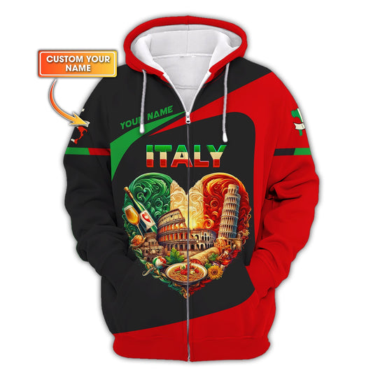 Italy Heart Custom Name 3D Zipper Hoodie Personalized Gift For Italy Lovers