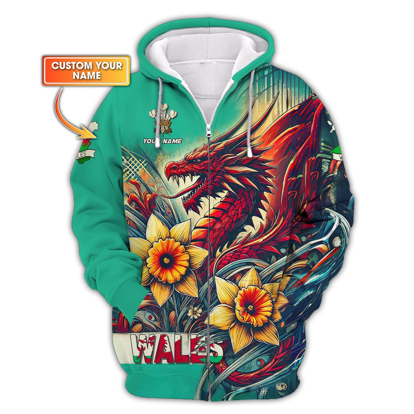 T-shirts personnalisés Dragon Wales Sweat à capuche zippé imprimé 3D complet du Pays de Galles Cadeau pour les amoureux du Pays de Galles