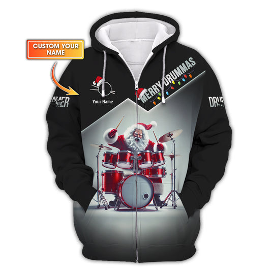 3D Full Print Merry Drummas Santa Zipper Hoodie Personalized Name Gift For Drum Lovers