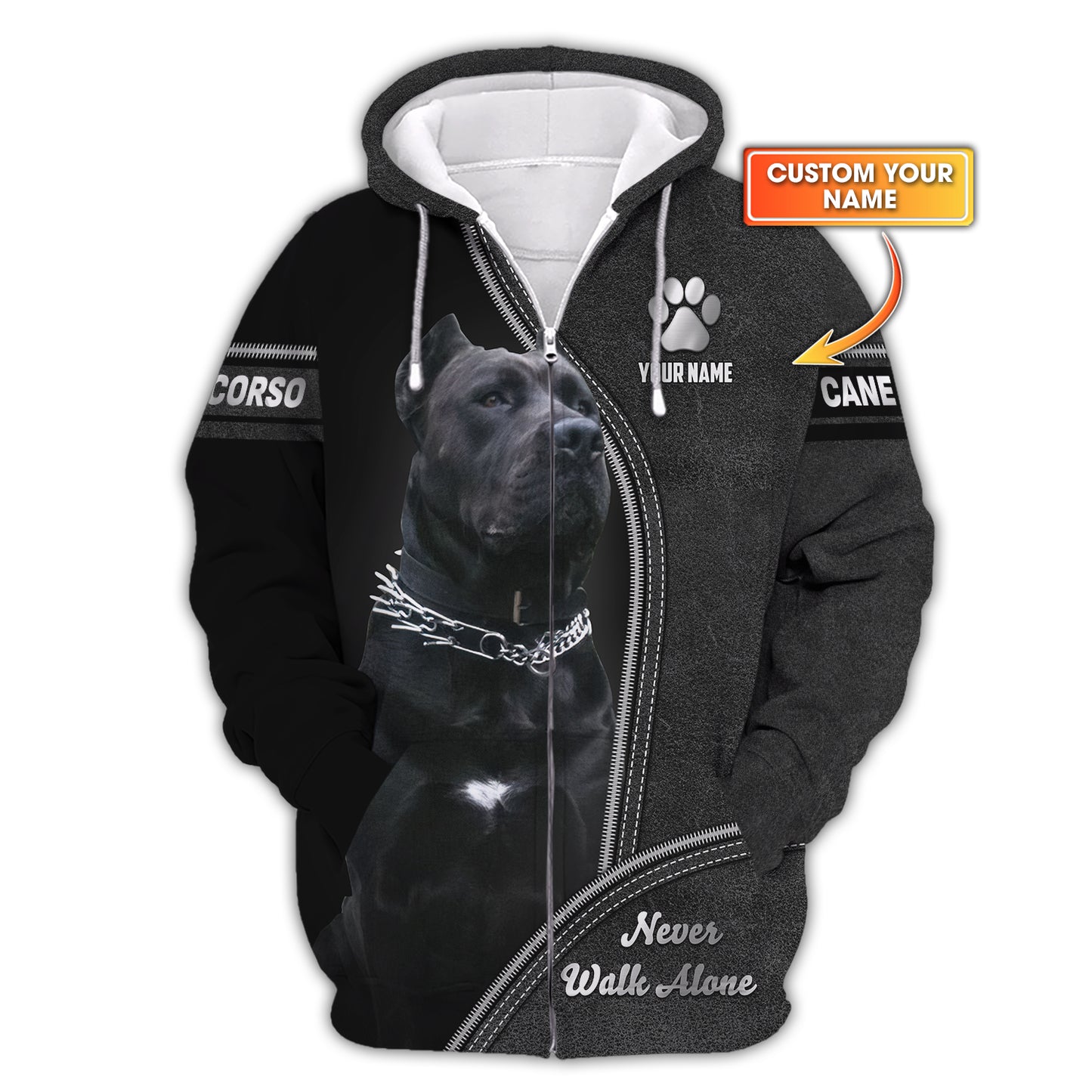 Sudadera con capucha y cremallera con nombre personalizado de Cane Corso, regalo Never Walk Alone para amantes de los perros, camisetas 3D