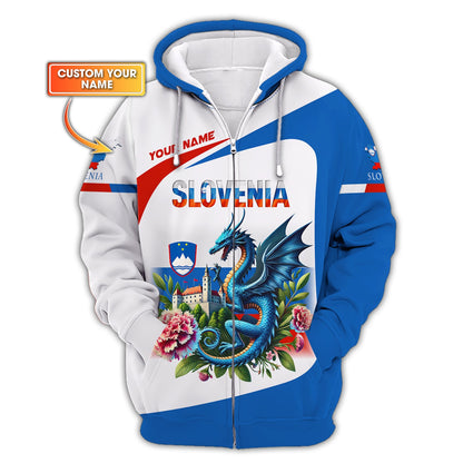 Sudadera con capucha y cremallera con estampado 3D de dragón con claveles de Eslovenia, regalo personalizado con nombre para amantes de Eslovenia