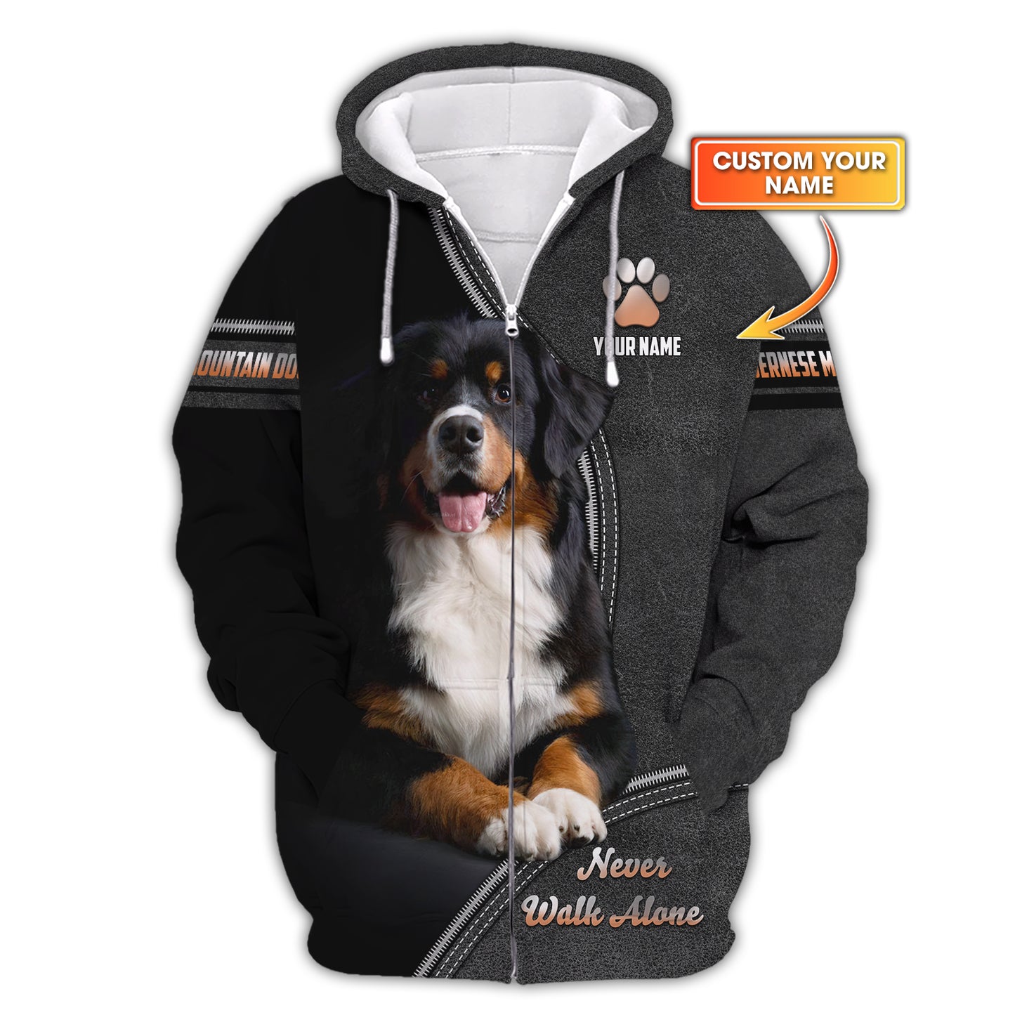 Sudadera con capucha y cremallera con nombre personalizado de Bernese Mountain, regalo Never Walk Alone para amantes de los perros, camisetas 3D