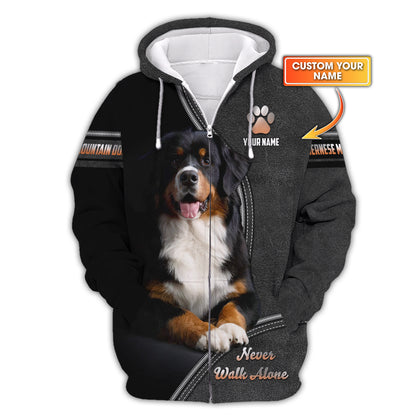 Bernese Mountain Custom Name Zipper Hoodie Never Walk Alone Gift For Dog Lover 3D Shirts