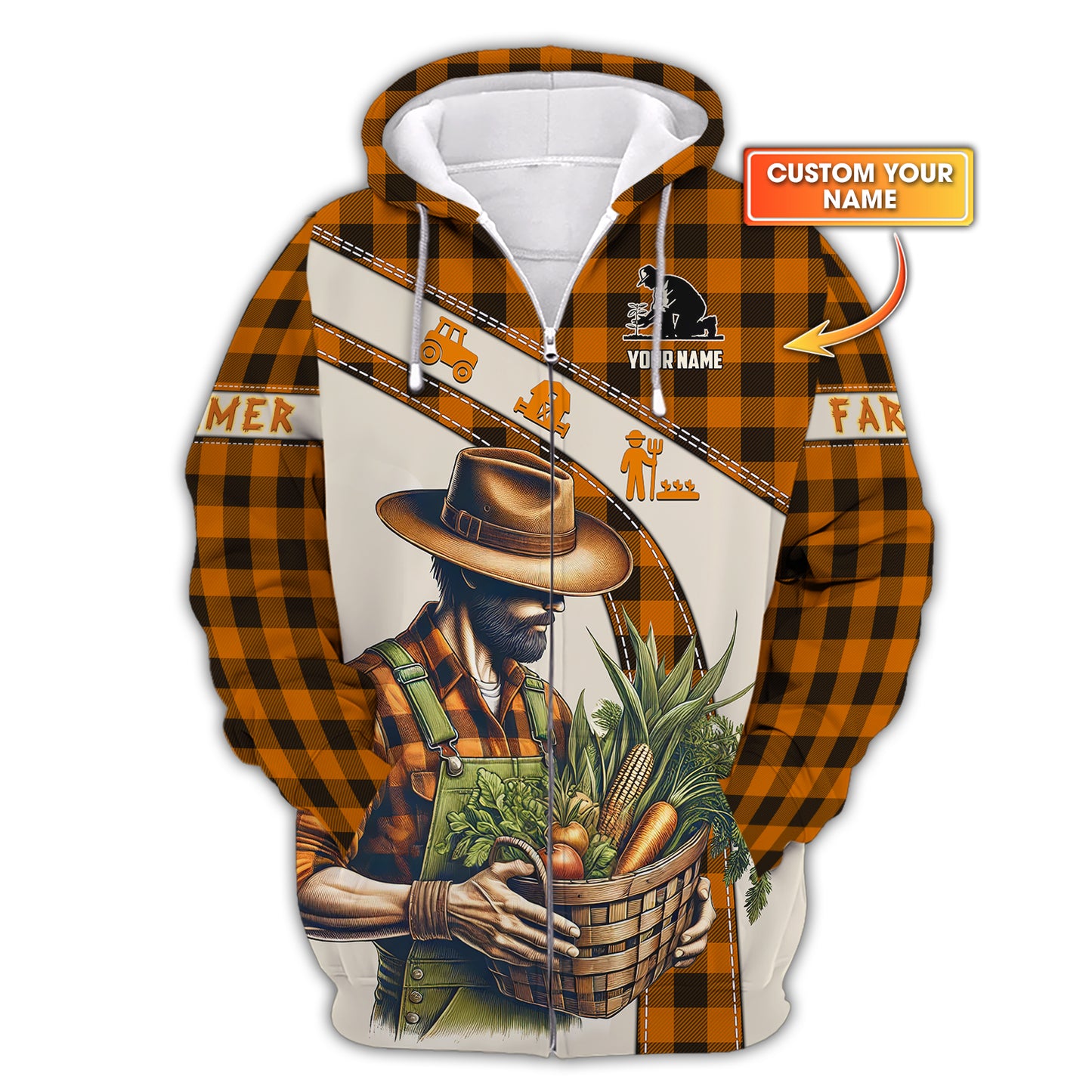 3D Full Print The Farmer With Basket Of Vegetables Zipper Hoodie Personalized Name Gift For Farmer Lovers