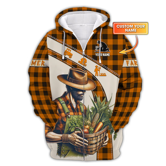 Sudadera con capucha y cremallera con estampado 3D completo de "El granjero con cesta de verduras", regalo personalizado con nombre para amantes de los agricultores