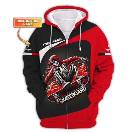 3D Full Print Skull Skateboard Zipper Hoodie Personalized Name Gift For Skateboard Lovers