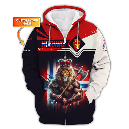 Sudadera con capucha y cremallera 3D con nombre personalizado de Lion Knight Norway, regalo personalizado para los amantes de Noruega