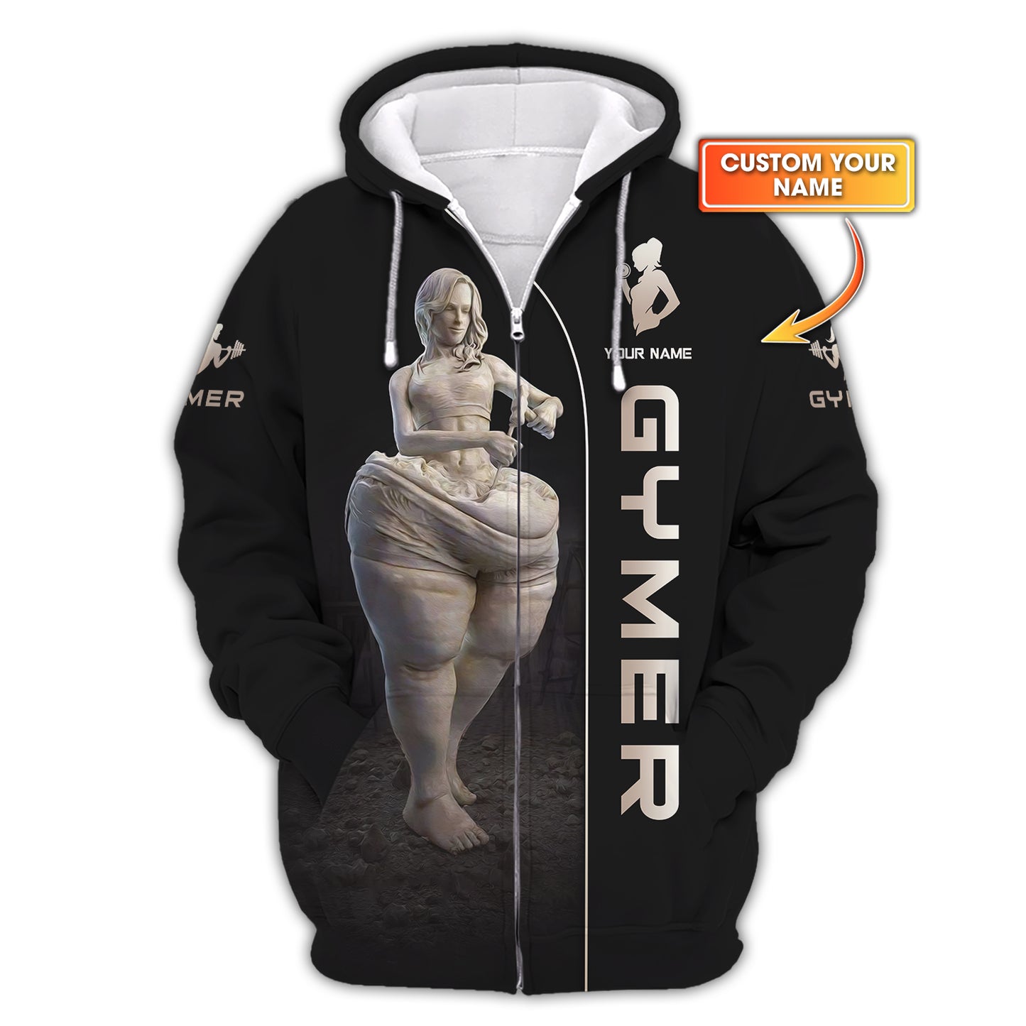 Sudadera con capucha y cremallera para mujer con estampado completo en 3D y nombre personalizado, regalo para amantes del gimnasio