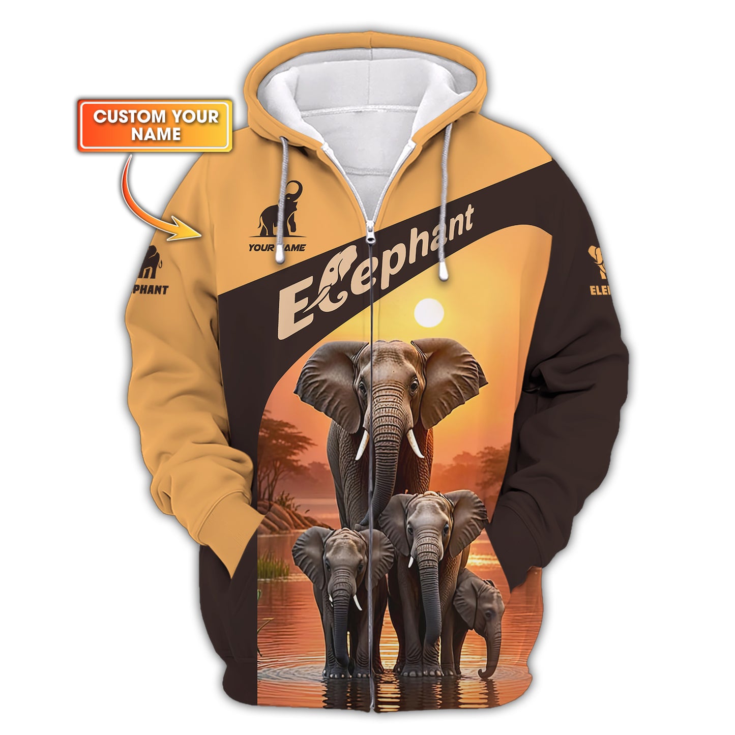 3D Full Print Sunset Elephant Zipper Hoodie Personalized Name Gift For Elephant Lovers