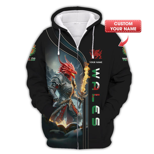 Sudadera con capucha y cremallera con nombre personalizado de Dragon Knight Wales, camiseta Cymru, regalo para amantes de Gales