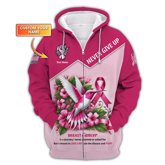 Hummingbird Breast Cancer Awareness Custom Name Zipper Hoodie Never Give Up Gift For Cancer Survivor