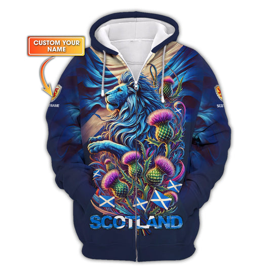 Sudadera con capucha y cremallera 3D con nombre personalizado de león con cardo, regalo personalizado para amantes de Escocia