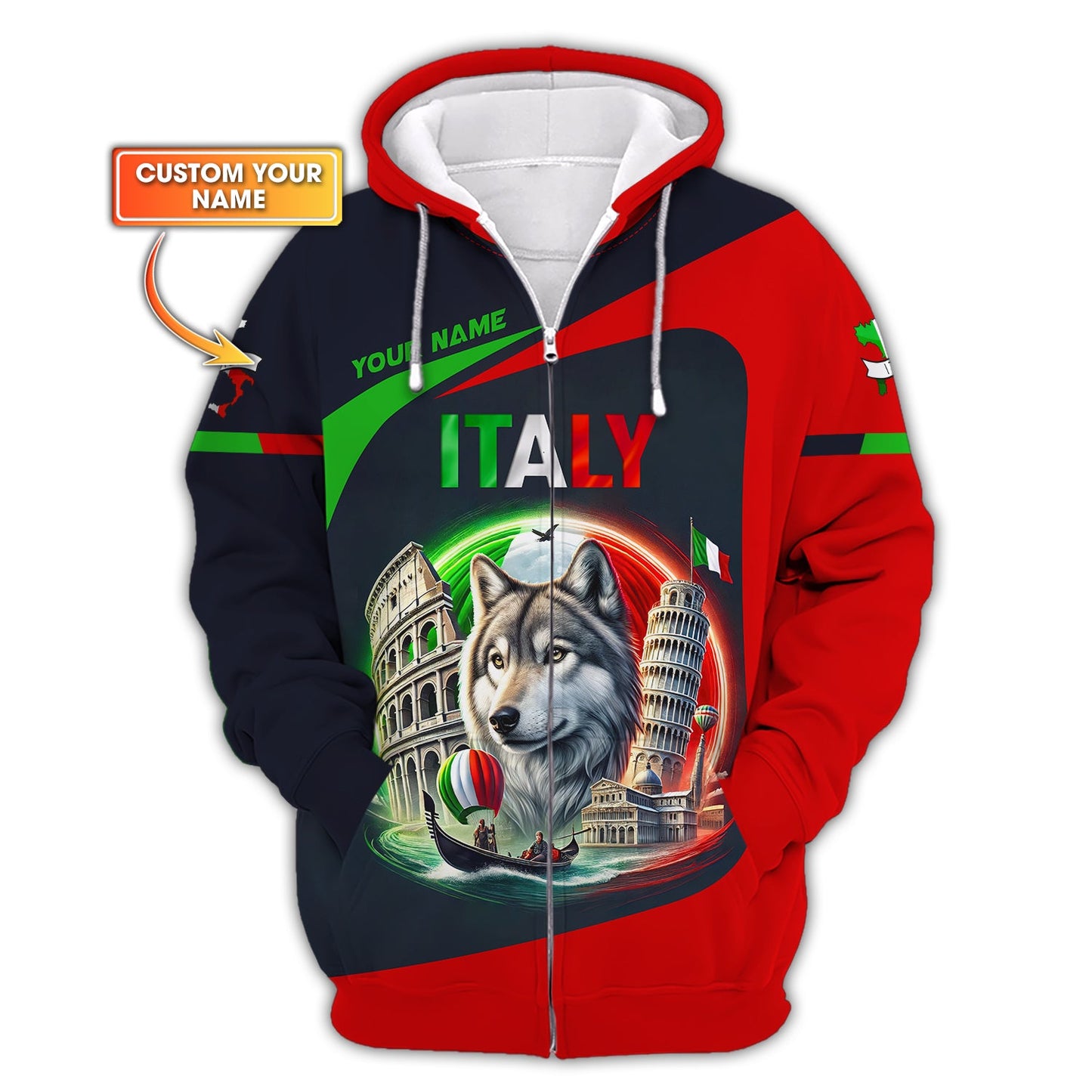 Camisetas personalizadas de Italia El lobo y los símbolos famosos de Italia Sudadera con capucha y cremallera 3D Regalo para amantes de Italia