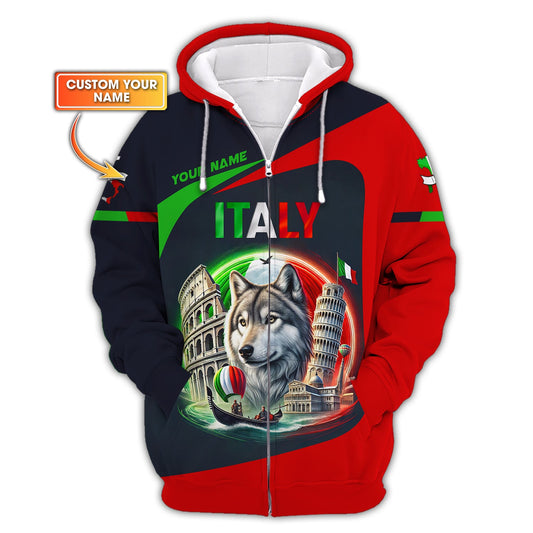 T-shirts personnalisés Italie Le loup et les symboles célèbres de l'Italie Sweat à capuche zippé 3D Cadeau pour amoureux italiens