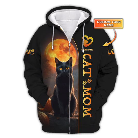 Sudadera con capucha y cremallera 3D con nombre personalizado de gato negro y luna para amantes de los gatos