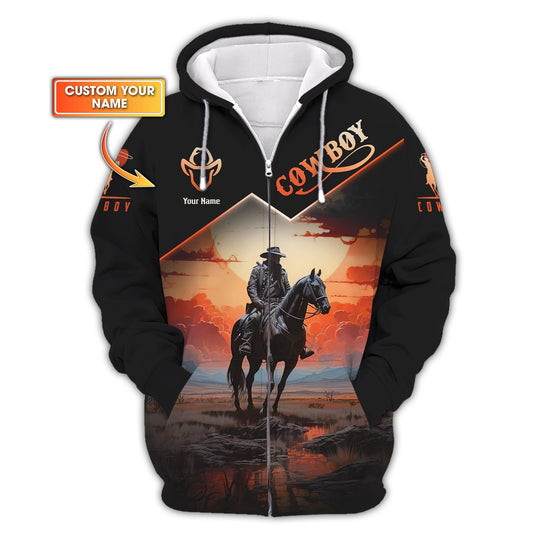 Sweat à capuche zippé 3D avec nom personnalisé pour cowboy, cadeau personnalisé pour cowboy