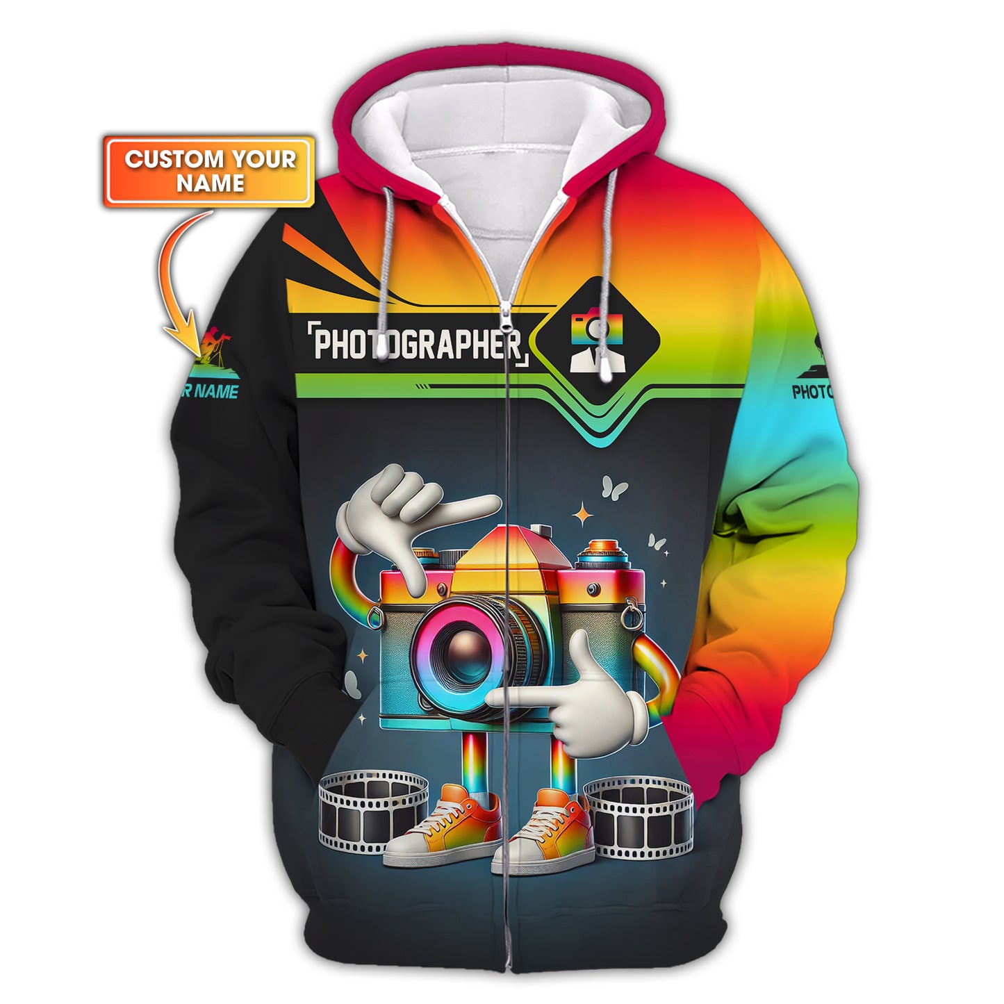 Sudadera con capucha personalizada con cremallera y diseño de fotógrafo, camisa colorida con diseño de cámara en 3D, regalo para amantes de la fotografía