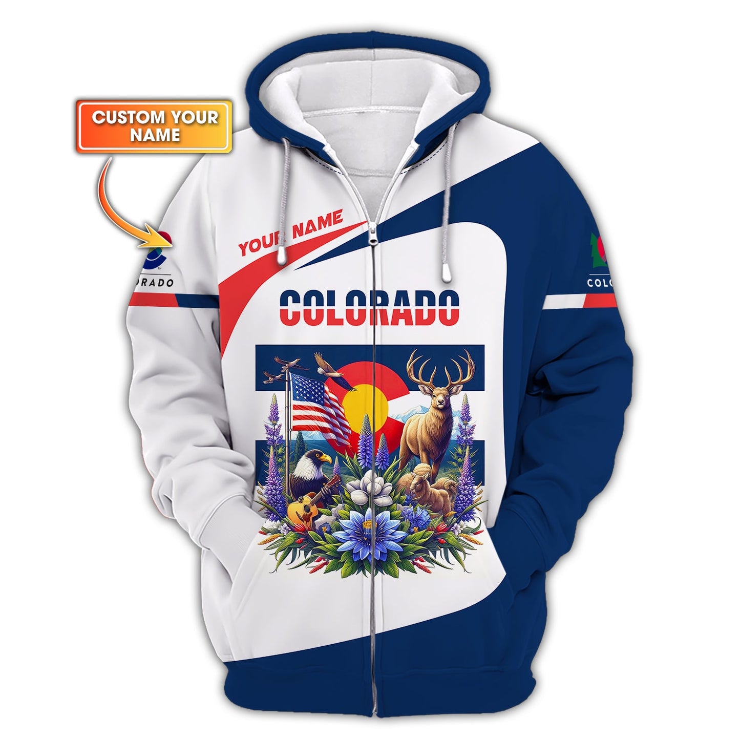 Sudadera con capucha y cremallera de Colorado con impresión completa en 3D, regalo con nombre personalizado para amantes de Colorado