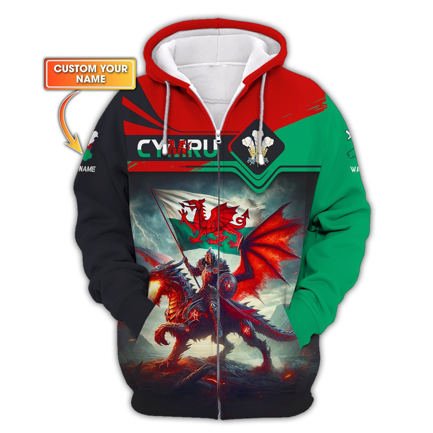 Sweat à capuche zippé 3D avec nom personnalisé Chevalier avec dragon du Pays de Galles Cadeau personnalisé pour les amoureux de CYMRU