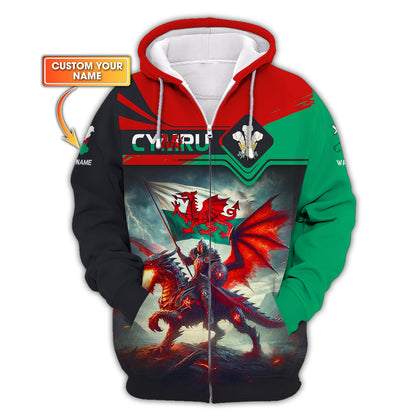 Sudadera con capucha personalizada con cremallera 3D y nombre de caballero con dragón de Gales, regalo personalizado para amantes de CYMRU