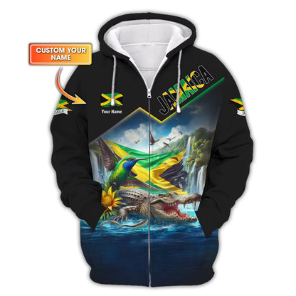 Sudadera con capucha y cremallera personalizada con el orgullo de Jamaica, cocodrilo y colibrí de Jamaica, regalo para los amantes de Jamaica