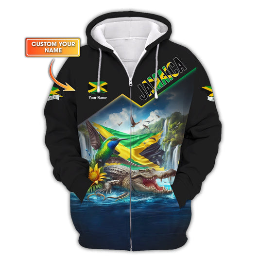 Sweat à capuche personnalisé avec fermeture éclair Jamaica Pride Crocodile et colibri de la Jamaïque Cadeau pour amoureux jamaïcain