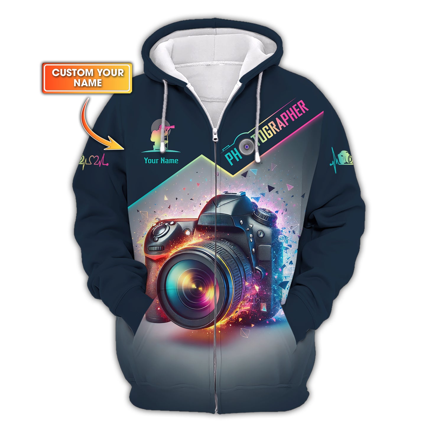 Sudadera con capucha y cremallera con estampado 3D completo y colorido para cámara, regalo personalizado con nombre para amantes de la fotografía